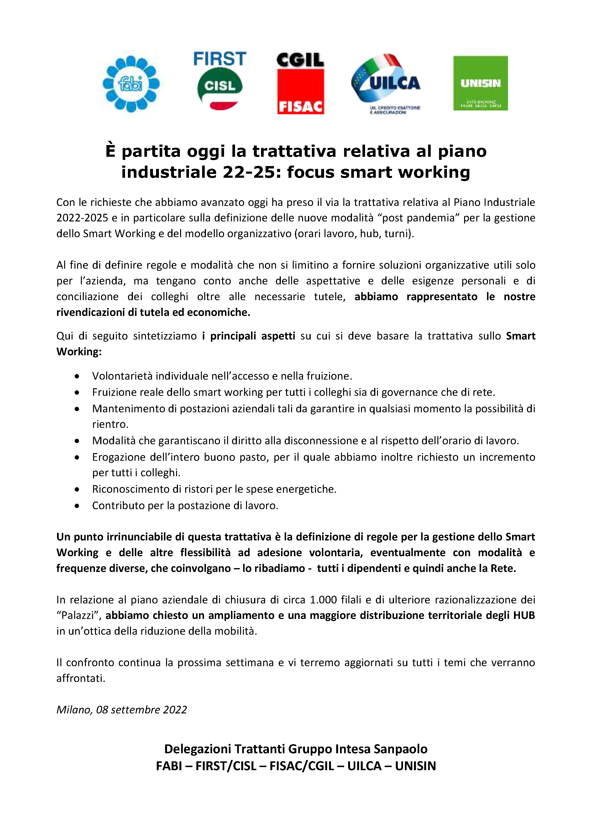 FABI Gruppo Intesa Sanpaolo E' partita oggi la trattativa relativa al